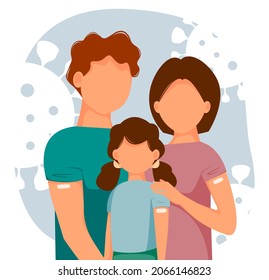 Vector illustration of happy vaccinated family with kids. Mother, father, daughter. Concept of health, the spread of the vaccine, healthcare, call of fight against coronavirus.