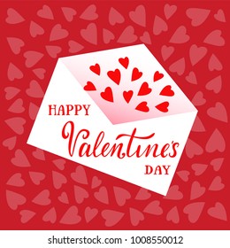 Vector illustration of Happy Valentine's Day text with envelope and red hearts. Holiday card with greeting "Happy Valentine's day". Copy space for text. White, red colors. Design card. EPS 10.