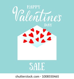 Vector illustration of Happy Valentine's Day Sale text with envelope and red hearts. Holiday card with greeting "Happy Valentine's day sale". Copy space for text. Blue, white, red colors. Design card.
