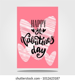 Vector illustration of Happy Valentines Day card. Romantic labels or posters. Hand lettering card with a pink background, white hearts, black text.