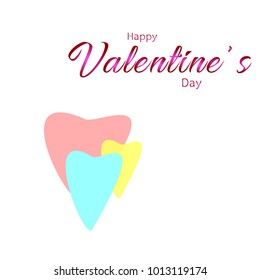 Vector illustration of Happy Valentine's Day text with hearts. Holiday card with greeting "Happy Valentine's day". Copy space for text. Pink, white, yellow and blue colors. Design card. Pastel colors.