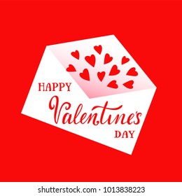 Vector illustration of Happy Valentine's Day text with envelope and red hearts. 