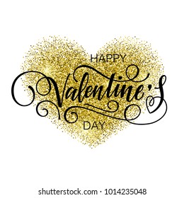 Vector illustration, Happy Valentine's Day text. Golden glitter heart isolated on a white background.