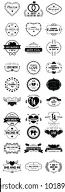 Vector illustration of happy valentines day typography lettering logo set. Hipster emblems, label, text element design with hearts, leaves, burst. Use for banners, greeting cards, gifts, poster
