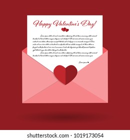 Vector illustration of Happy Valentines day letter. Valentines Day Vector Envelope isolated on red background. Love letter icon, flat style. 