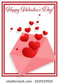 Vector illustration of Happy Valentines day text and heart flying from envelope. Concept of love and valentine day, paper art style.