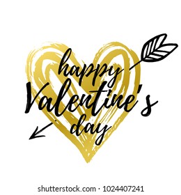 Vector illustration, Happy Valentine's Day text. Golden heart with arrow isolated on a white background.
