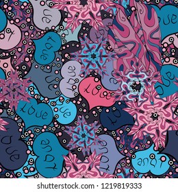 Vector illustration. Happy Valentines day. Love and Holiday theme. Seamless pattern with realistic beautiful blue, pink, black, violet and neutral heart.