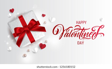 Vector illustration. Happy Valentines Day typography vector design for greeting cards and poster. Valentines Day text with gift box, pearls, paper Valentines. Design template celebration. 