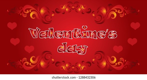 Vector illustration Happy Valentines day. Valentines banner with red hearts, decorative ornament on red gradient background. 