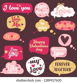 Vector illustration of happy valentines day typography lettering logo set.Valentine's day hand drawn calligraphy and illustration set in speech bubbles.