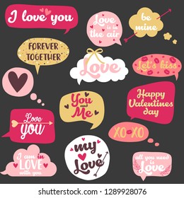 Vector illustration of happy valentines day typography lettering logo set.Valentine's day hand drawn calligraphy and illustration set in speech bubbles.