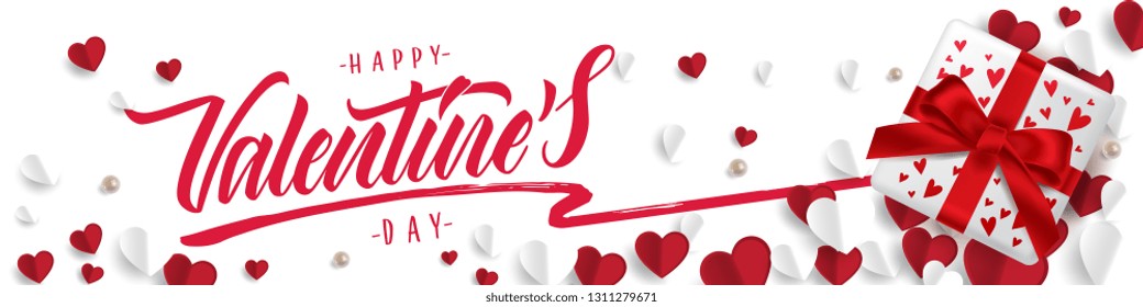 Vector illustration. Happy Valentines Day typography vector design for greeting cards and poster. Valentines Day text with gift box, paper Valentines. Design template celebration.