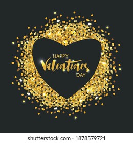 Vector illustration Happy Valentine's Day on the background of a gold placer. Handwritten lettering. Typographic text, badge, icon. Festive poster, postcard, invitation, banner. Romantic quote.