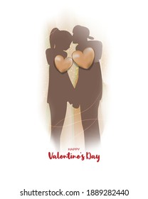 Vector illustration of Happy Valentine's Day concept banner with couple, hearts, ribbons on abstract background.