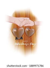 Vector illustration of Happy Valentine's Day concept banner with couple hands, hearts, ribbons on abstract background.