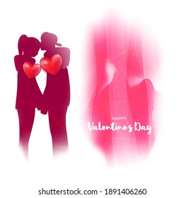 Vector illustration of Happy Valentine's Day concept banner with couple, hearts, ribbons on abstract background.