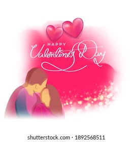 Vector illustration of Happy Valentine's Day concept banner with couple and hearts on abstract bokeh background.