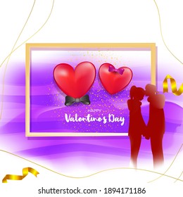 Vector illustration of Happy Valentine's Day concept banner with couple, hearts, ribbons on abstract background.
