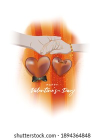 Vector illustration of Happy Valentine's Day concept banner with couple hands, hearts, ribbons on abstract background.