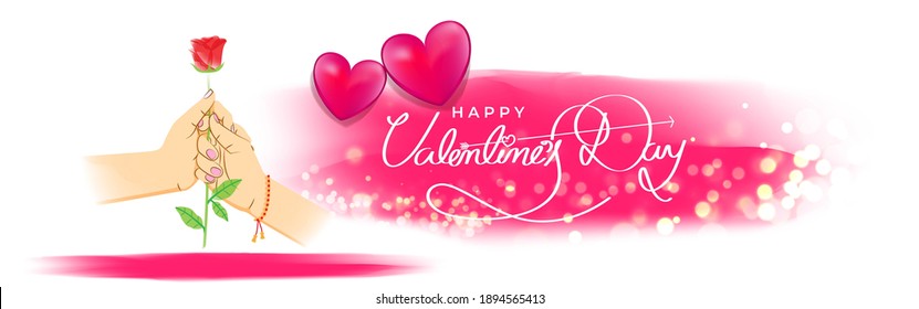 Vector illustration of Happy Valentine's Day concept greeting with rose in couple hands, hearts on abstract background.