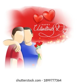 Imagen vectorial del saludo del concepto del Día de San Valentín Feliz con la pareja homosexual y los corazones en un contexto abstracto.