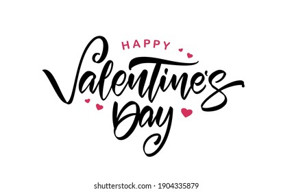 Vector illustration: Happy Valentine's Day. Handwritten calligraphic brush lettering with red hearts.