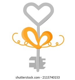 Vector illustration Happy Valentine's Day. Key in heart shape with bow. Romantic. Love concept. Together. Couple in love. Relationship