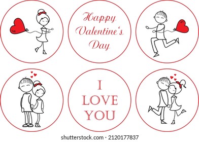 Vector illustration. Happy Valentine's Day composition. Beautiful young couple in love. Kiss and enjoy spending time together celebrating Valentine's Day. First date. I love you.