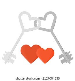 Ilustración vectorial Feliz Día de San Valentín. Dos Llaves en forma de corazón. Romántico. Juntos. Amor, relación, concepto de citas. Pareja enamorada