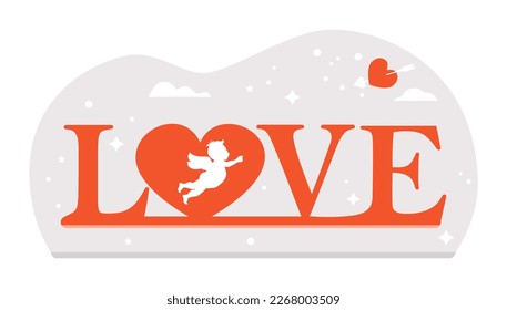 Vector illustration Happy Valentine's Day. Love inscription Romantic concept. Together. Couple in love. Relationship Heart Cupid shoots a bow