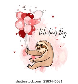 Vector illustration. Happy Valentine's Day Exotic animal sloth. 