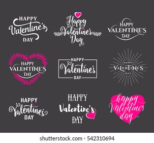 Vector illustration of happy valentines day typography lettering logo set. Hipster emblems, label, text element design with hearts, leaves, burst. Use for banners, greeting cards, gifts, poster