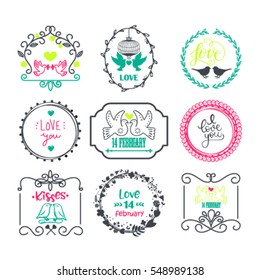 Vector illustration of happy valentines day typography lettering logo set. Hipster emblems, label, text element design with hearts, leaves, burst. Use for banners, greeting cards, gifts, poster