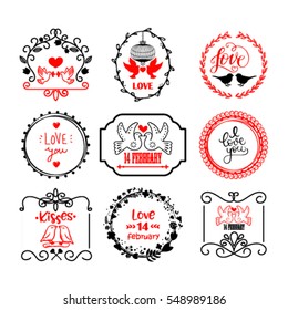 Vector illustration of happy valentines day typography lettering logo set. Hipster emblems, label, text element design with hearts, leaves, burst. Use for banners, greeting cards, gifts, poster