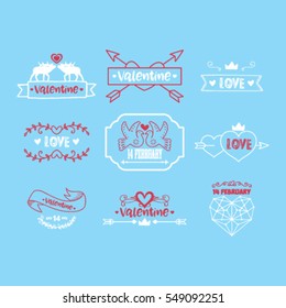 Vector illustration of happy valentines day typography lettering logo set. Hipster emblems, label, text element design with hearts, leaves, burst. Use for banners, greeting cards, gifts, poster. 