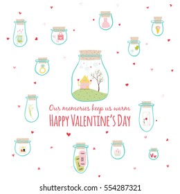 Vector illustration of Happy Valentine's day card. Hand drawn love details in jars. Isolated on white background with red hearts.