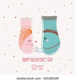 Vector illustration of Happy Valentine's Day card. Hand drawn couple of socks. Isolated on beige background with red hearts.
