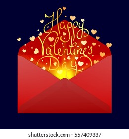 Vector illustration of Happy Valentines Day greetings card open envelope with greetings text inside shine hearts. Great for print, web, banners, design, card, poster, for any size with good quality.