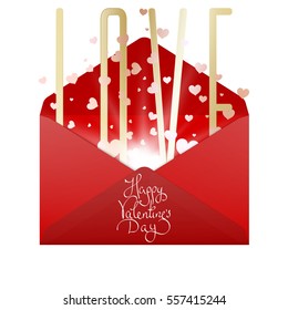 Vector illustration of Happy Valentines Day greetings card open envelope with text love inside shine hearts. Great for print, web, banners, design, card, poster, for any size with good quality.