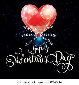 vector illustration of happy Valentine's Day balloon heart with pattern and with calligraphic inscription by hand, valentines day