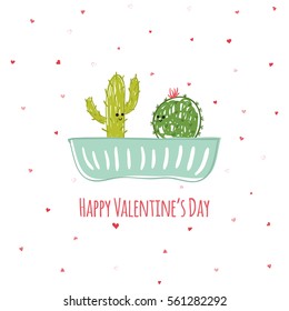 Vector illustration of Happy Valentine's Day card. Hand drawn cactus. Isolated on white background with red hearts. Cartoon style can be used for greeting card or invitation.