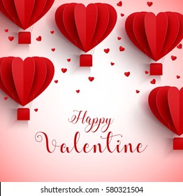 Vector illustration of Happy valentines day greetings card with realistic paper cut heart shape flying hot air balloon in red background