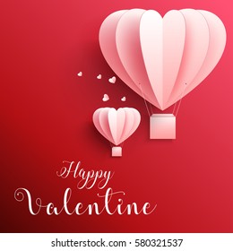 Vector illustration of Happy valentines day greetings card with realistic paper cut heart shape flying hot air balloon in red background