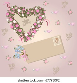 Vector illustration Happy Valentine's Day with flowers and a letter 