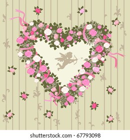  Vector illustration Happy Valentine's Day with Heart and Flowers and Cupid 