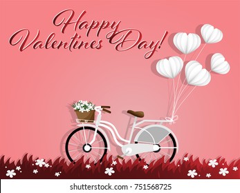 Vector illustration of "Happy Valentines Day" text, heart shape and white bicycle with heart shape balloon and with basket full of spring flowers red sky background. Concept of love and Valentine day.