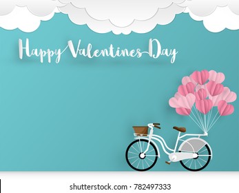 Vector illustration of "Happy Valentines Day" text and white bicycle with heart shape balloon on blue sky with cloud background. Concept of love and valentine day.