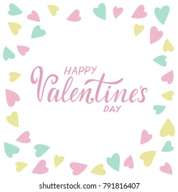 Vector illustration of Happy Valentine's Day text with hearts background.  Copy space for text. Pink, white, yellow and blue colors. 