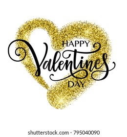 Vector illustration, Happy Valentine's Day text. Golden glitter heart isolated on a white background.